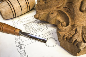 wood carving with mallet, gouge, and furniture plans